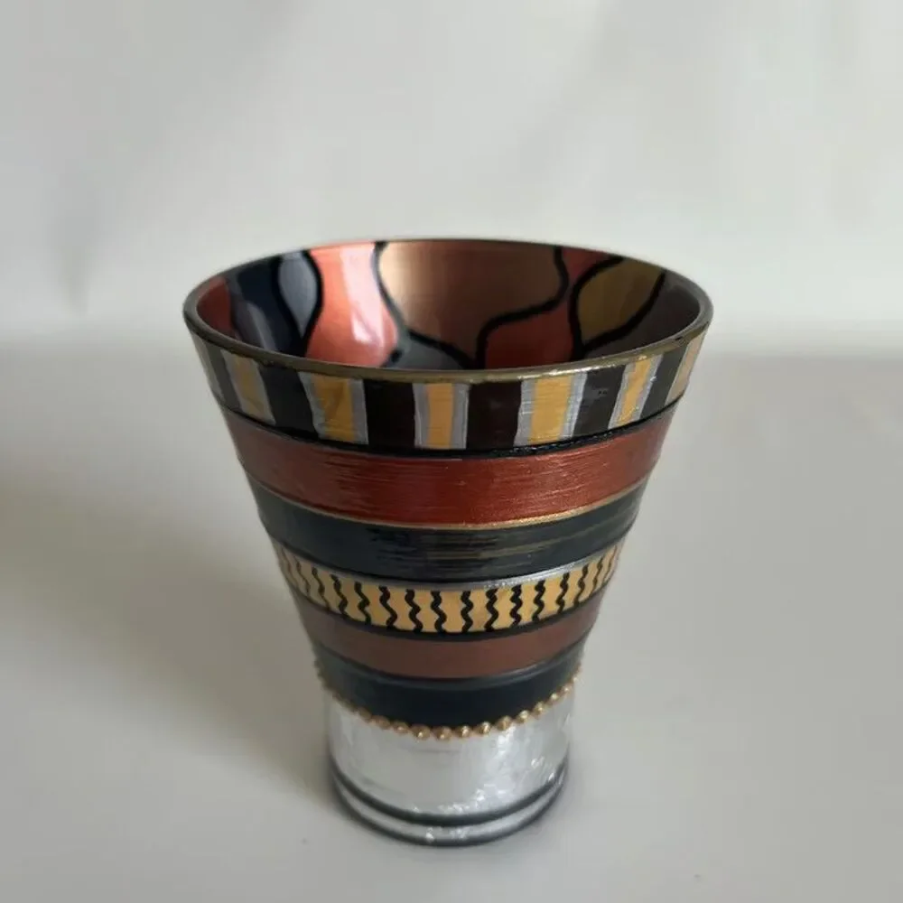Hand Painted Art Glass Votive Holder Vase AR Signed Metallic Copper Gold Tribal